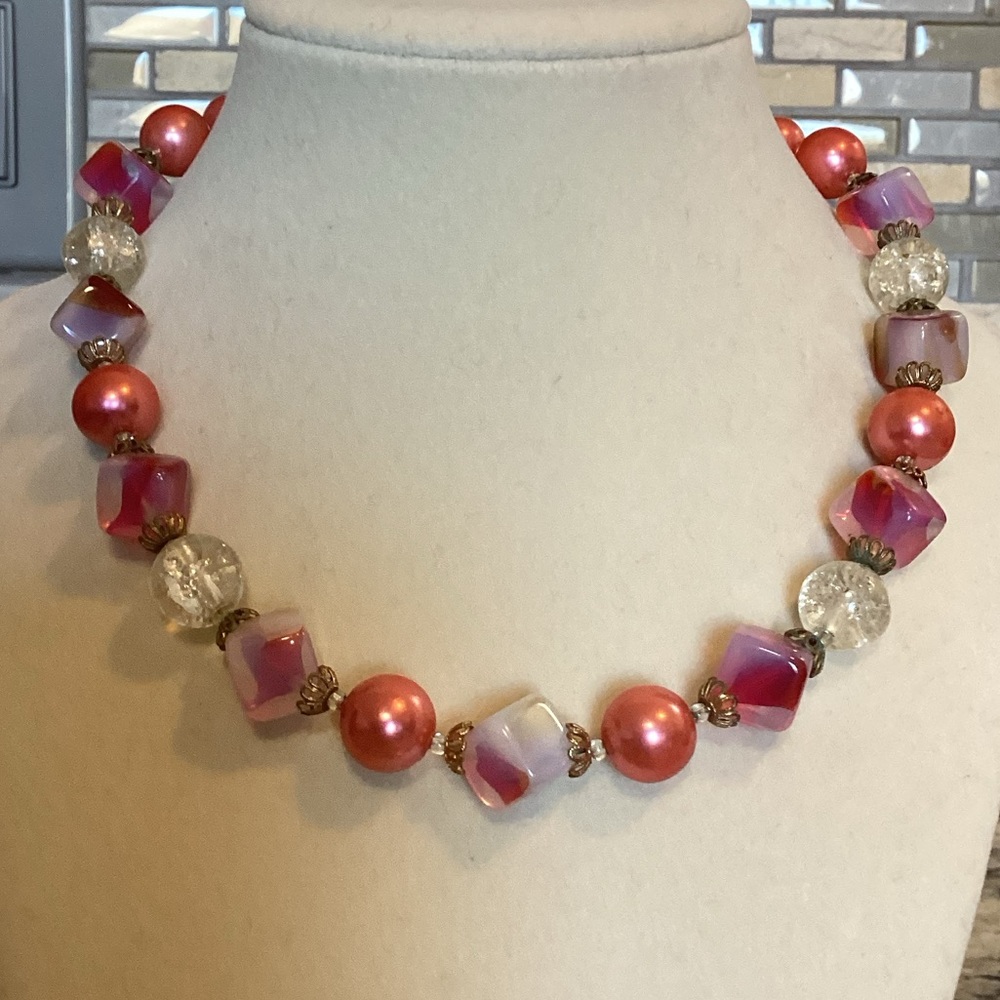 Vintage Trifari Orange Lucite Faux Pearl Necklace